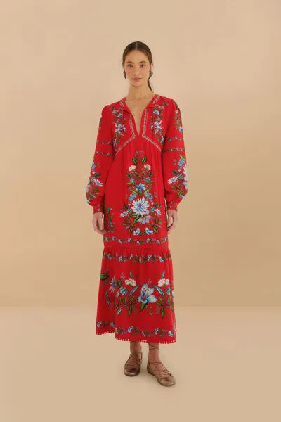 Farm Rio Active Red Sweet Bloom Bouquet Lenzing Ecovero Euroflax Midi Dress In Sweet Bloom Bouquet Red