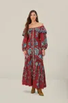 Farm Rio Red Tropical Landing Off Shoulder Maxi Dress In Tropical Landing Red