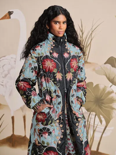 Farm Rio Reversible Flowing Beauty Puffer Jacket In Flowing Beauty Blue