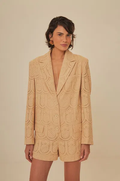 Farm Rio Sand Cotton Eyelet Tailored Romper In Neutral