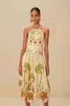 Farm Rio Active Sand Delicate Forest Richelieu Embroidered Euroflax Premium Linen Midi Dress