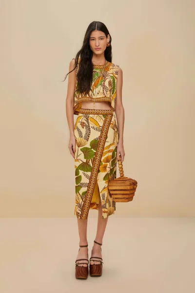 Farm Rio Active Sand Foliage Sketch Lenzing Ecovero Euroflax Midi Skirt