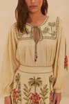 Farm Rio Active Sand Tropical Flower Embroidered Lenzing Ecovero Euroflax Blouse