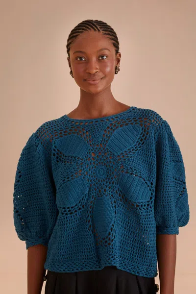 Farm Rio Teal Flower Draw Crochet Blouse In Blue