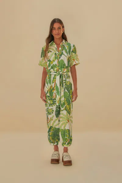 Farm Rio Active Tropical Forest Off-white Jumpsuit In Green