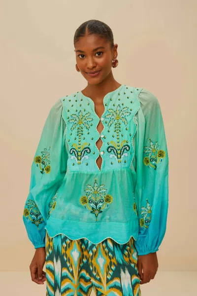 Farm Rio Active Turquoise Palm Tree Tapestry Blue Wavy Yoke Blouse