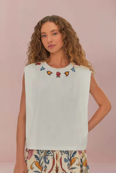 Farm Rio Active White Beaded Flowers T-shirt