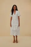 Farm Rio White Cotton Eyelet Puff Sleeve Midi Dress In Off-white