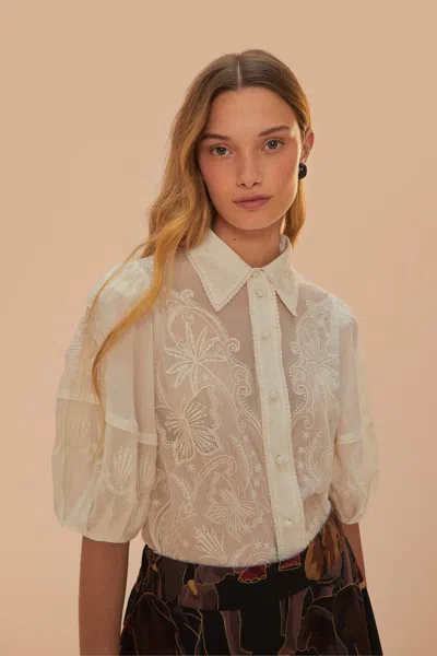 Farm Rio White Embroidered Short Sleeve Blouse