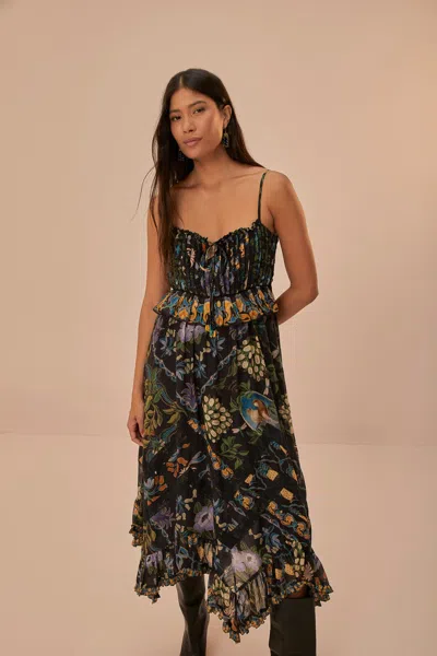Farm Rio Winter Garden Black Pleated Lace Sleeveless Midi D