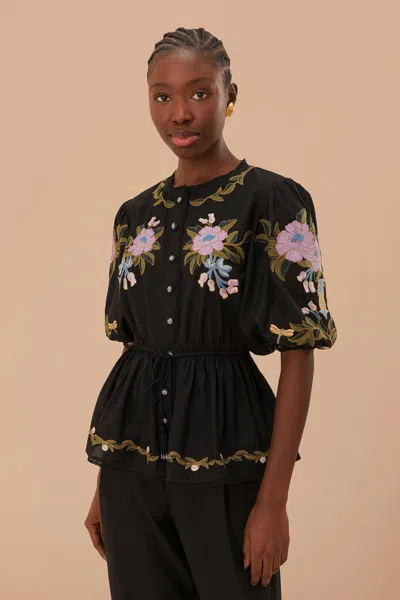 Farm Rio Winter Garden Embroidered Short Sleeve Blouse