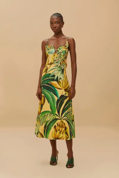 Farm Rio Active Yellow Bananart 3d Bodice Midi Dress In Bananart Yellow