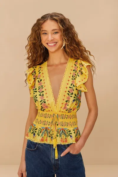 Farm Rio Active Yellow Delicate Flowers Stripes Blouse