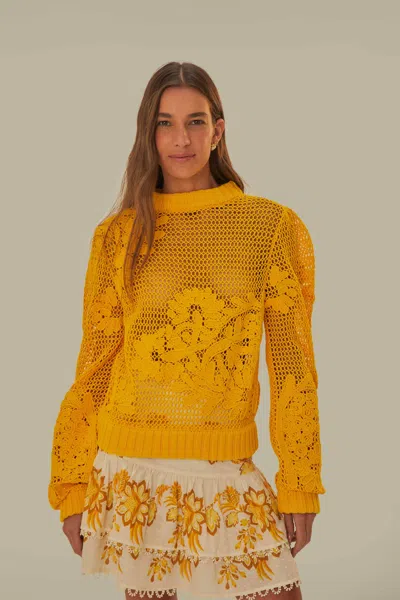 Farm Rio Active Yellow Embroidered Knit Sweater In Multi