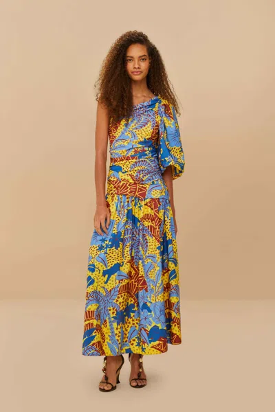 Farm Rio Active Yellow Jungle Panther One-shoulder Midi Dress In Jungle Panther Yellow