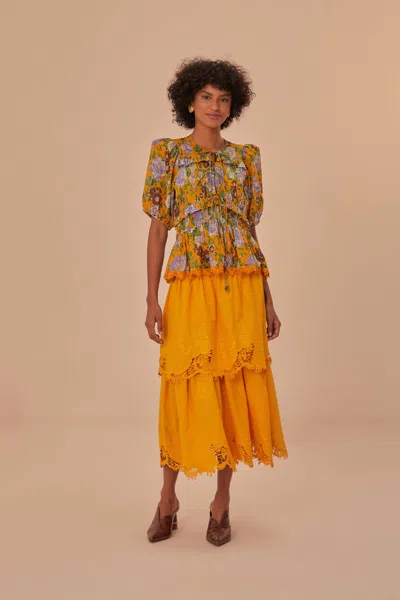 Farm Rio Tiered Embroidered Cotton Midi Skirt In Yellow