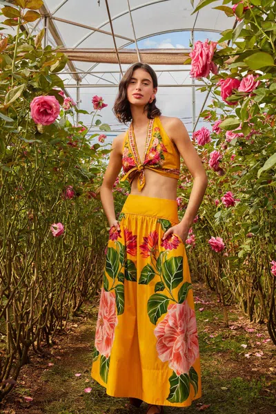 Farm Rio Active Yellow Spring Awakening Organic Cotton Crop Top