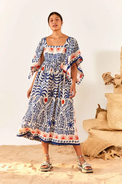 Farm Rio Afternoon Breeze Caftan Midi-dress In White Blue