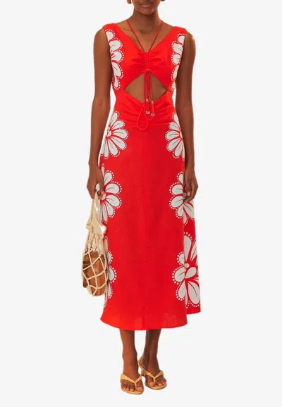 Farm Rio Ainika Cut-out Floral Midi Dress In Ainikashellred