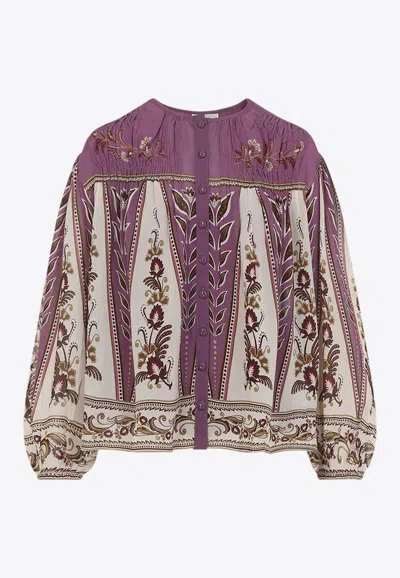 Farm Rio Ainika Delicate Floral Print Blouse In Purple