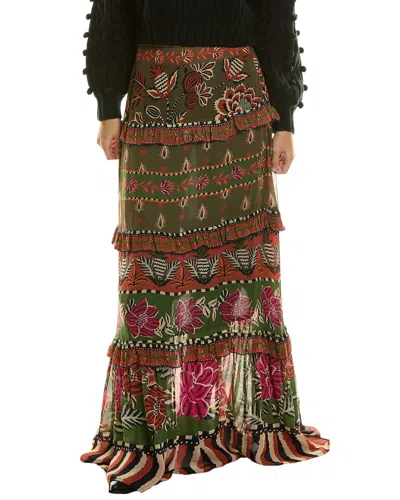 Farm Rio Ainika Floral Garden Multicolor Tiered Maxi Skirt In Green
