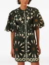 Farm Rio Ainika Flowers Peter Pan-collar Puff-sleeve Mini Dress In Green