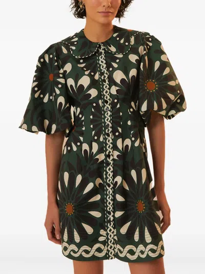 Farm Rio Ainika Flowers Peter Pan-collar Puff-sleeve Mini Dress In Green