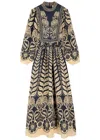 Farm Rio Ainika Gathered Printed Satin Maxi Dress In Dark Blue