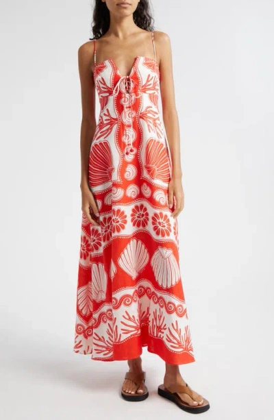 Farm Rio Ainika Shell Print Linen Blend Maxi Dress In Red And White