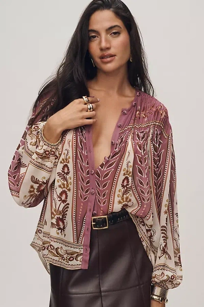 Farm Rio Delicate Ainika Sand Smocking Long Sleeve Blouse In Purple