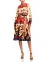 Farm Rio Ainika Tiles Tie Waist Long Sleeve Midi Dress In Ainika Tiles Cream