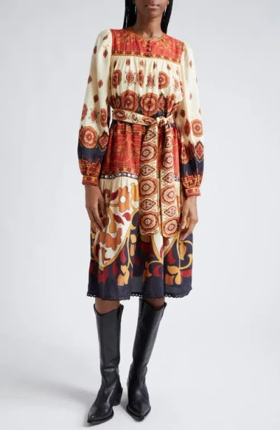 Farm Rio Ainika Tiles Tie Waist Long Sleeve Midi Dress In Ainika Tiles Cream