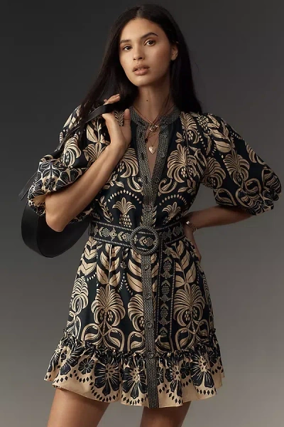 Farm Rio Ainika Tropical Splendor Puff-sleeve Mini Dress In Dark Blue