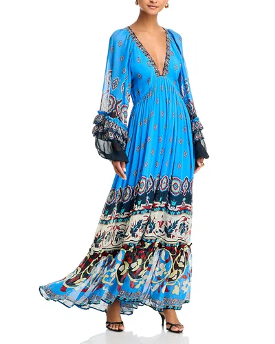 Farm Rio Ainka Tiles Plunging Neck Dress In Blue