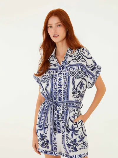 Farm Rio ? All-over Print Linen Belted Romper With Button Front And Pockets In Bianco