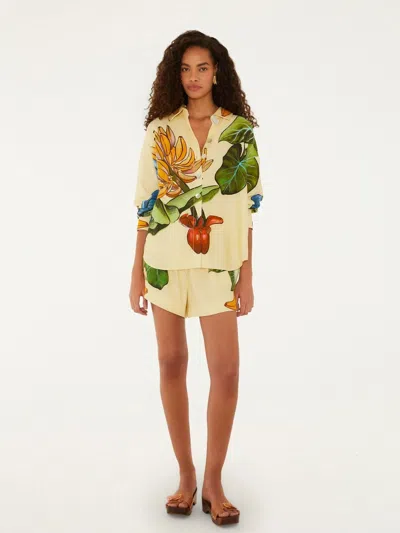 Farm Rio All-over Print Linen-blend Shorts With Elastic Drawstring Waist In Yellow