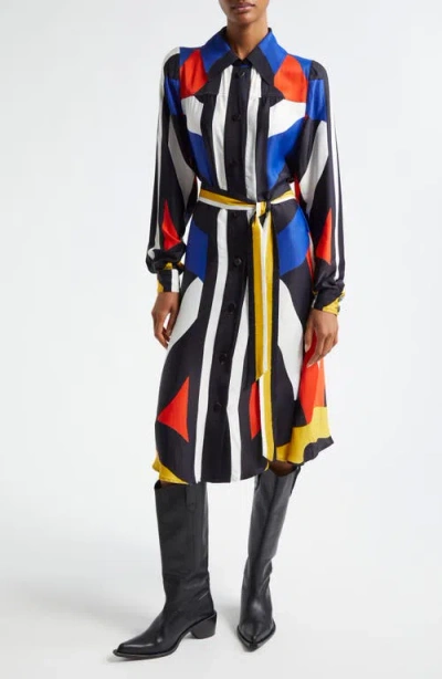 Farm Rio Amanda Abstract Print Long Sleeve Satin Shirtdress In Multicolor
