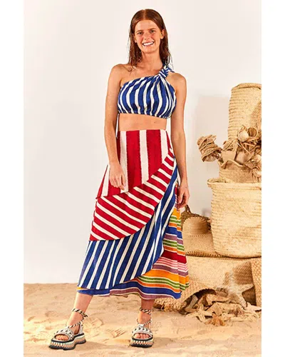 Farm Rio Amazing Stripes Frilled Midi Skirt In Multi