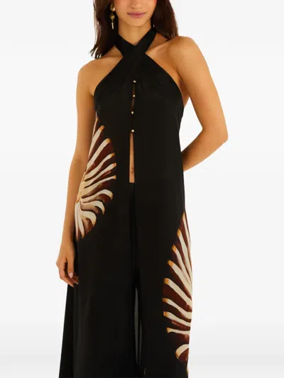 Farm Rio Ammonite Halter Neck Open Front Midi Tunic In Black