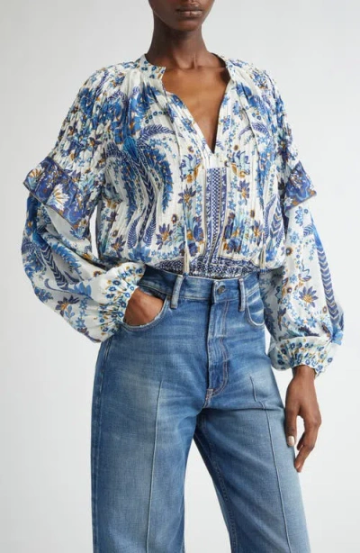 Farm Rio Ana Tapestry Cotton Blend Ruffle Top In Ana Tapestry Off-white