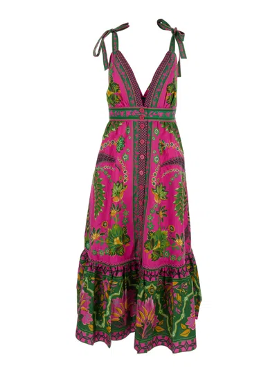Farm Rio Ana Tapestry Multicolor Sleeveless Long Dress With V Neck And All-over Floral Print In Cotton Woman
