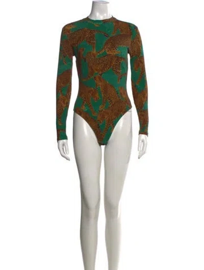 Pre-owned Farm Rio Animal Print Crew Neck Bodysuit In Green