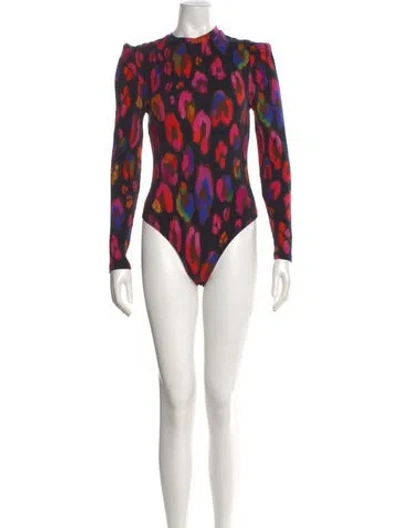 Pre-owned Farm Rio Animal Print Mock Neck Bodysuit In Black