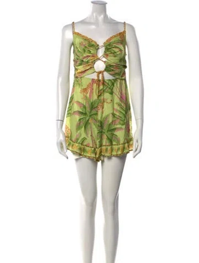 Pre-owned Farm Rio Animal Print Plunge Neckline Romper In Green