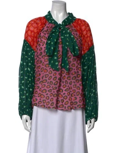 Pre-owned Farm Rio Animal Print Tie Neck Blouse In Green