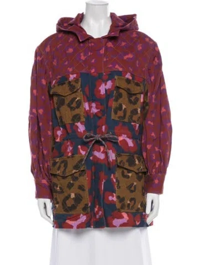 Pre-owned Farm Rio Animal Print Utility Jacket In Burgundy