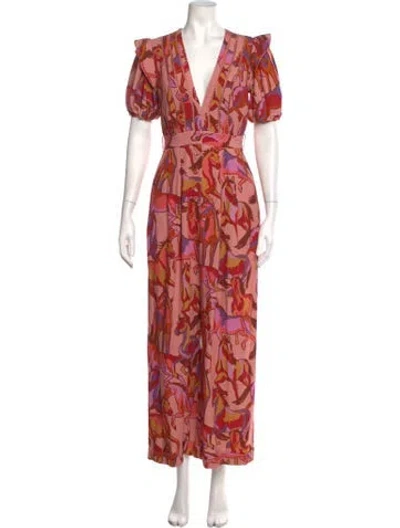 Pre-owned Farm Rio Animal Print V-neck Jumpsuit In Pink