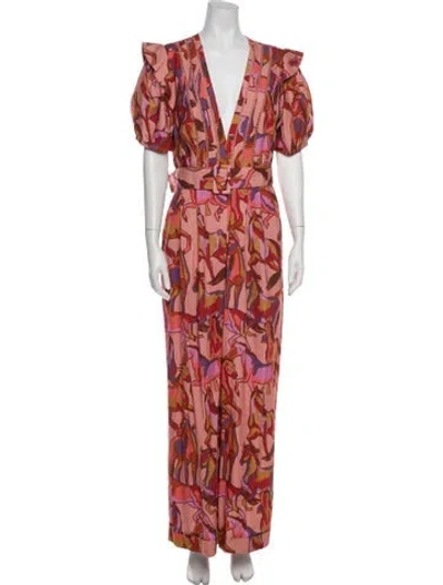 Pre-owned Farm Rio Animal Print V-neck Jumpsuit In Pink
