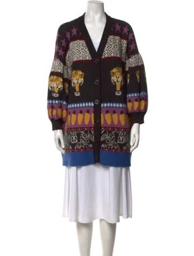 Pre-owned Farm Rio Animal Print V-neck Sweater In Black/purple