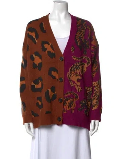 Pre-owned Farm Rio Animal Print V-neck Sweater In Brown